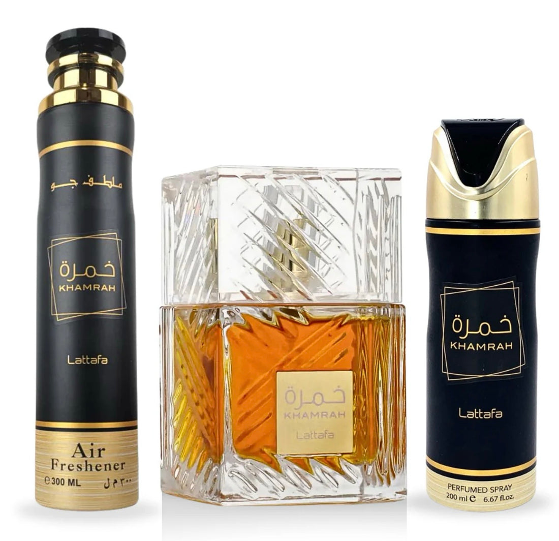 KHAMRAH GIFT SET EDP - 100ML, PERFUMED SPRAY 200ML, AIR FRESHENER 300ML | GIFT SET BY LATTAFA