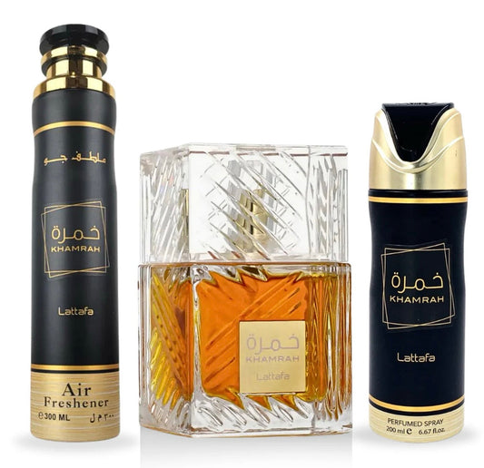 KHAMRAH GIFT SET EDP - 100ML, PERFUMED SPRAY 200ML, AIR FRESHENER 300ML | GIFT SET BY LATTAFA
